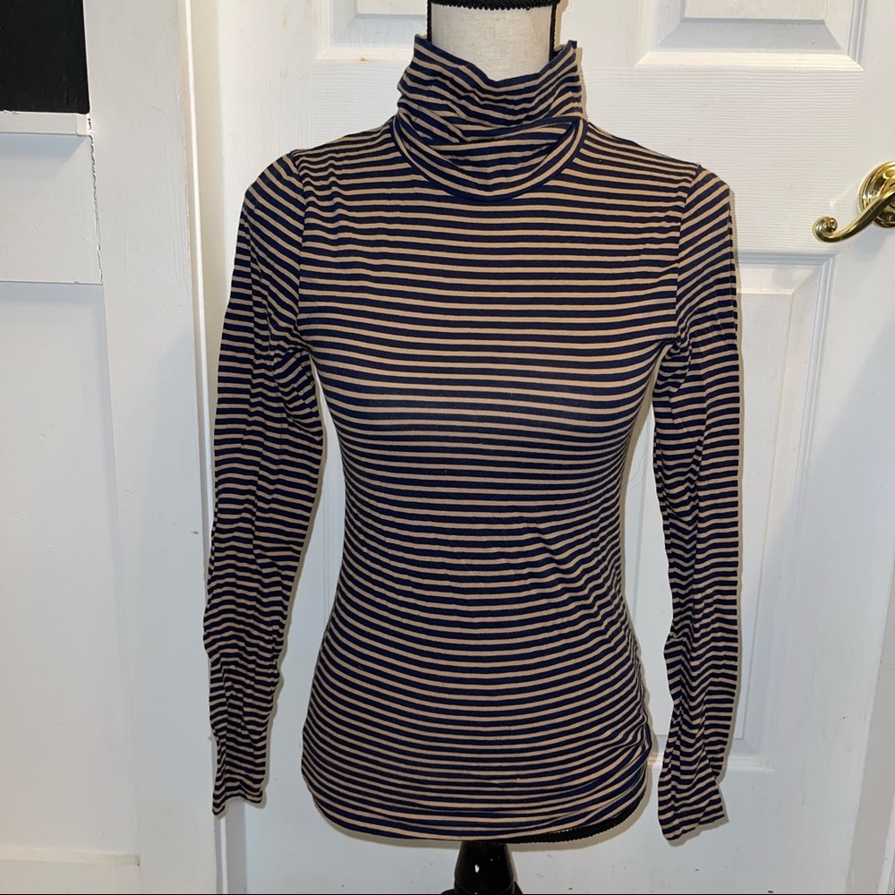 J. Crew long sleeve tee shirt turtle neck stripe womens medium brown navy.
